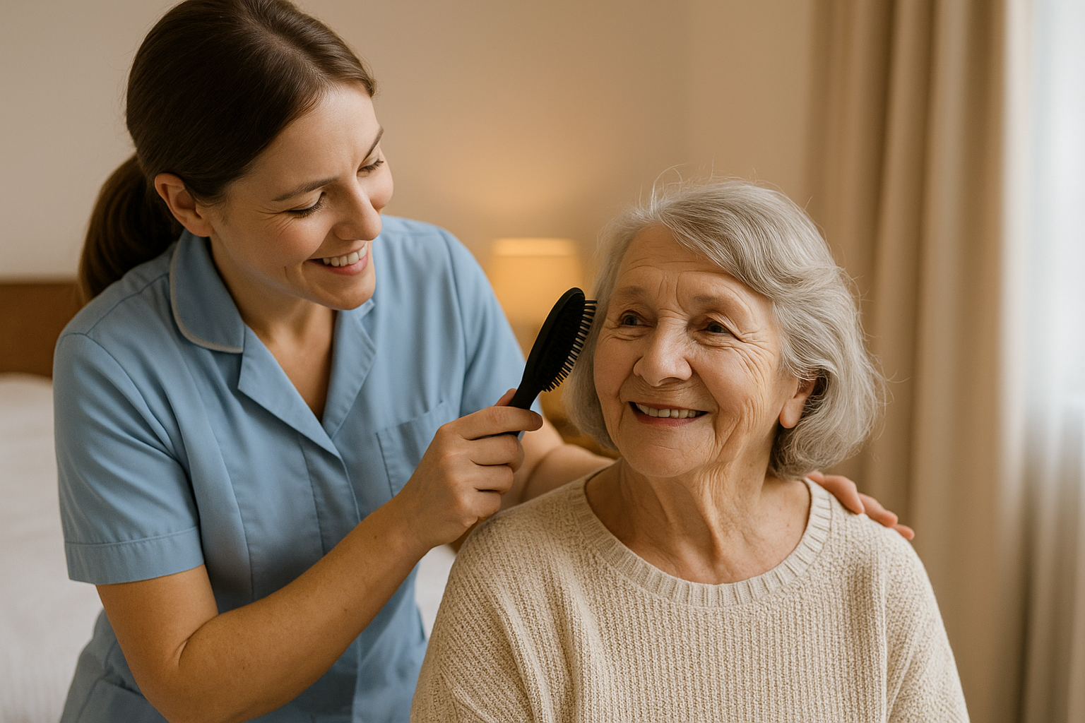 A young woman in a light blue uniform brushing an elderly woman's hair, both smiling warmly in a well-lit room.