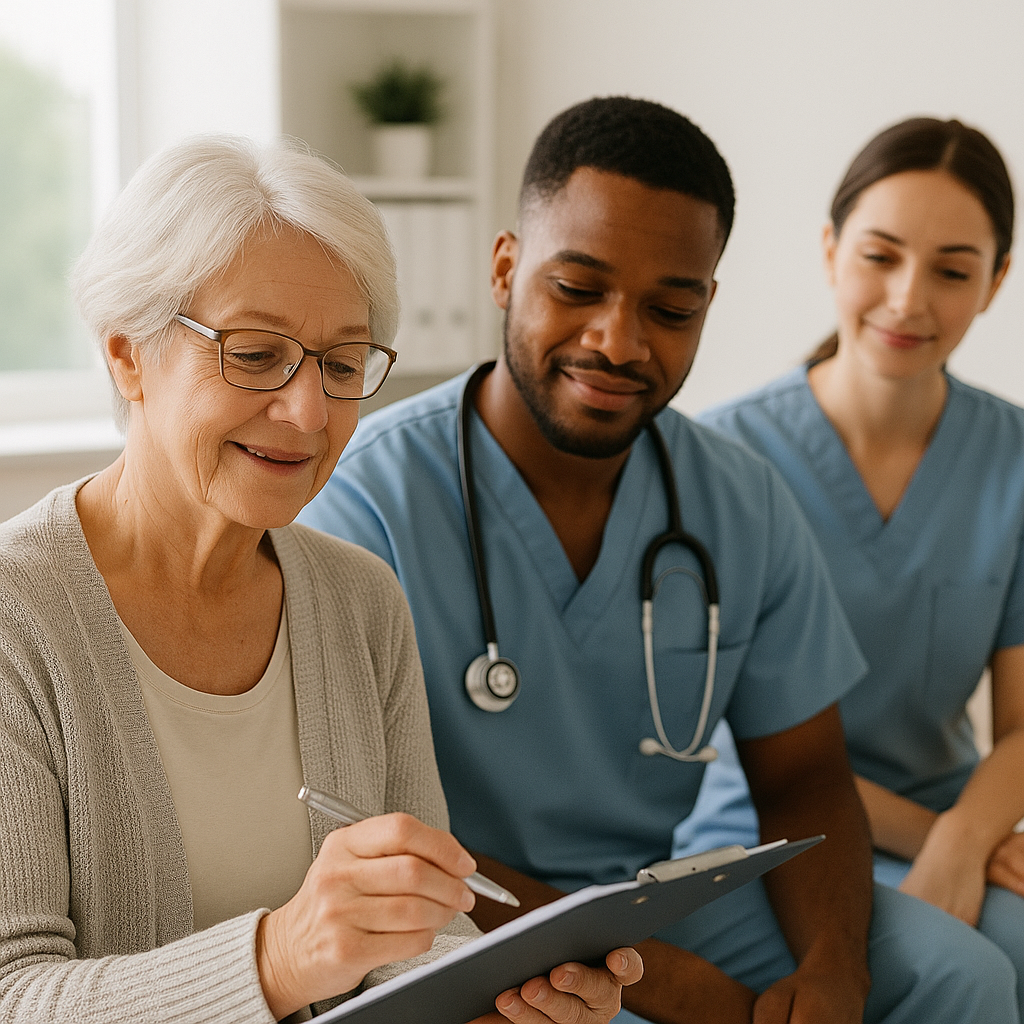 Modern building with large glass window, surrounded by yellowish wildflowers, set against a mountainous landscape.