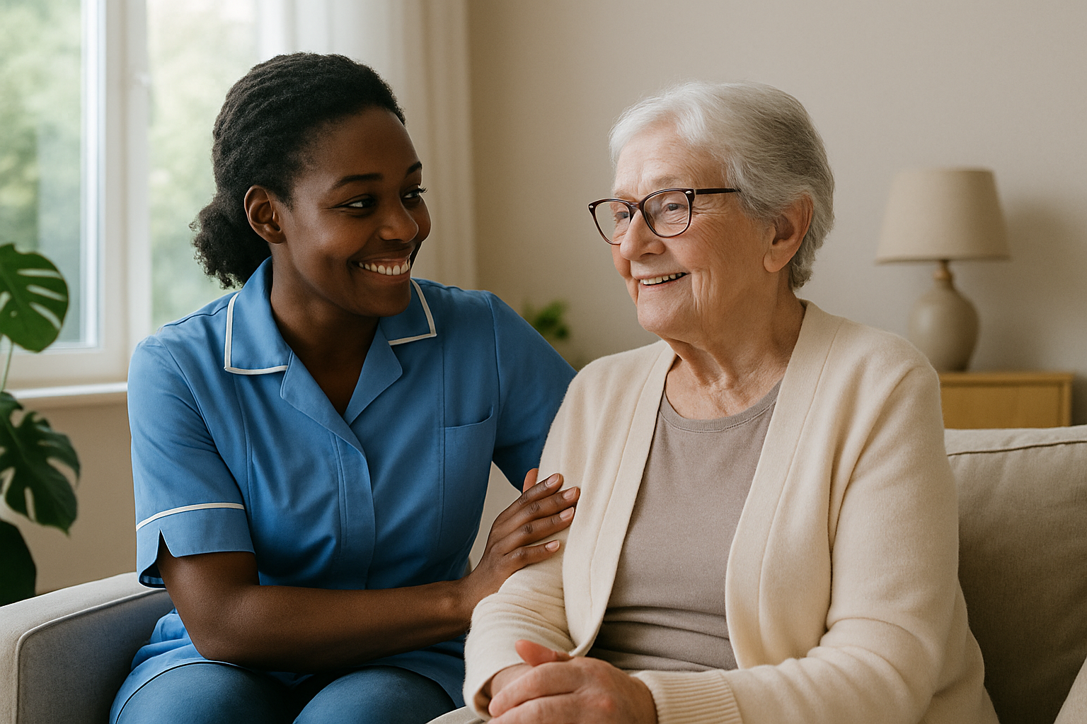 A nurse smiling and talking to an elderly woman, sitting on a sofa in a living room.