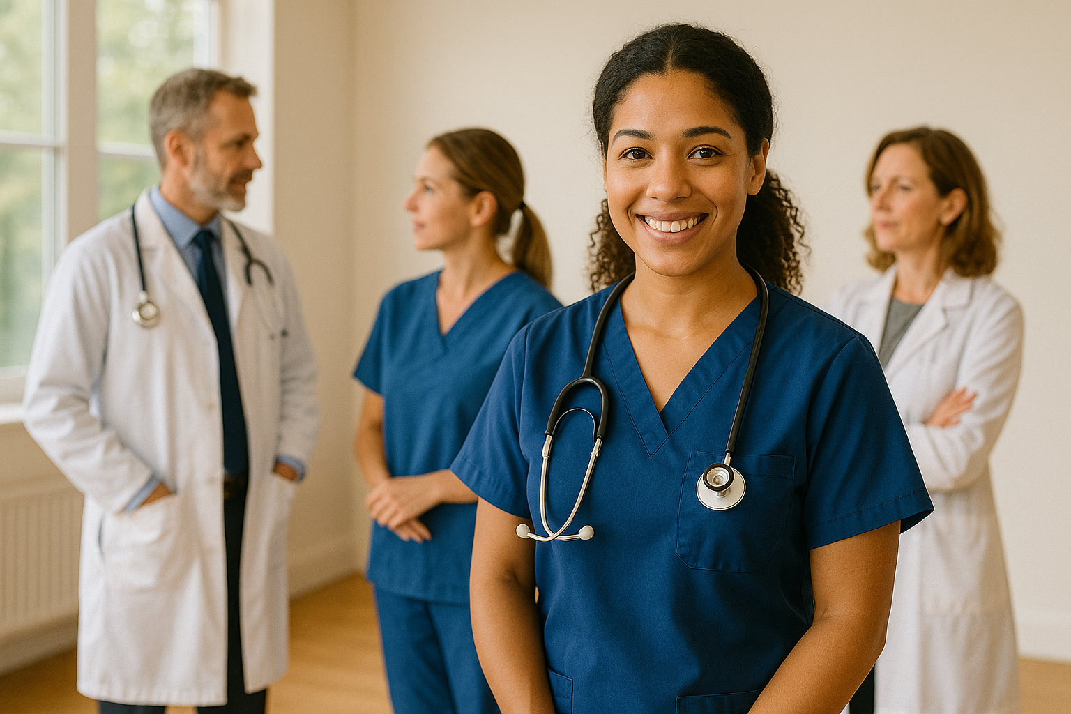 A group of four healthcare professionals, including a smiling young woman nurse in blue scrubs with a stethoscope, standing in a hospital or clinic room with windows in the background.