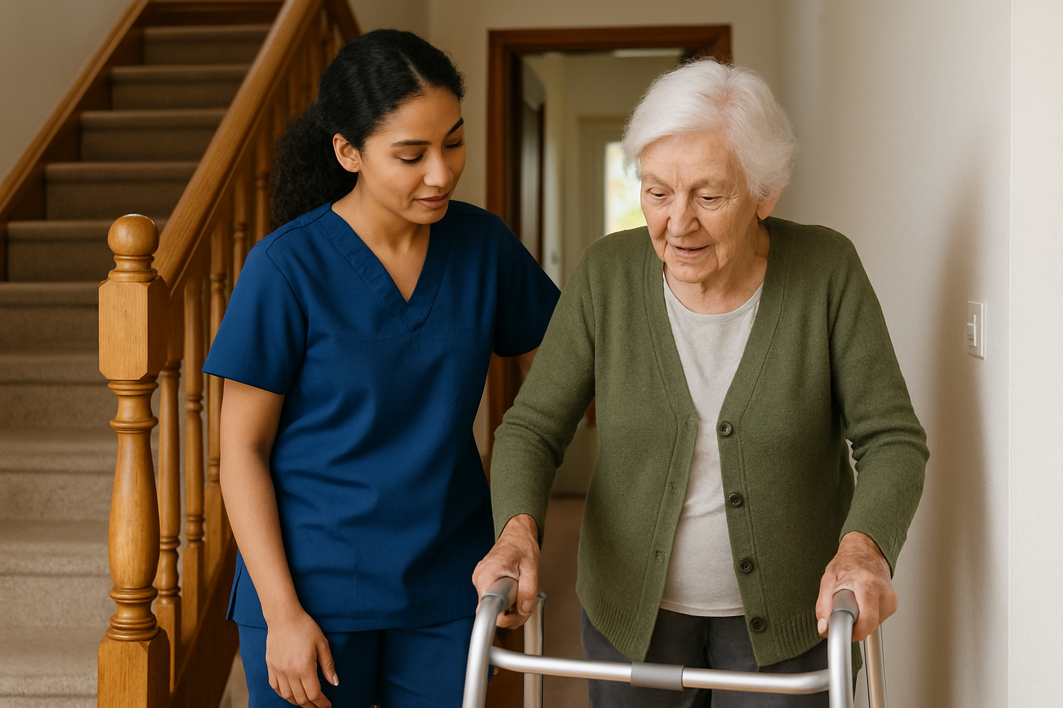 Nurse helping elderly woman walk with walker in home