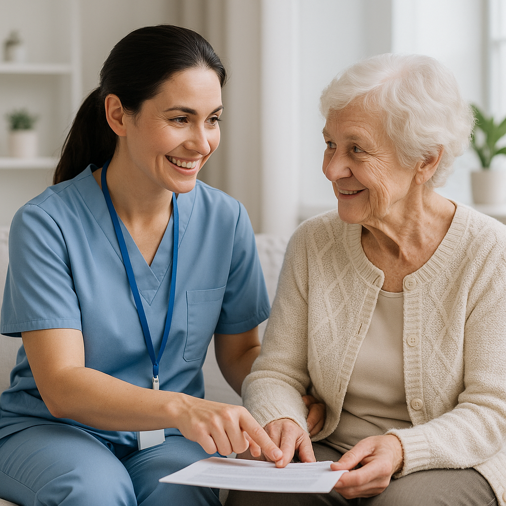 Panoramic view of a mountain range with snow-capped peaks, grassy hills in the foreground, and a modern building nestled on the hillside.