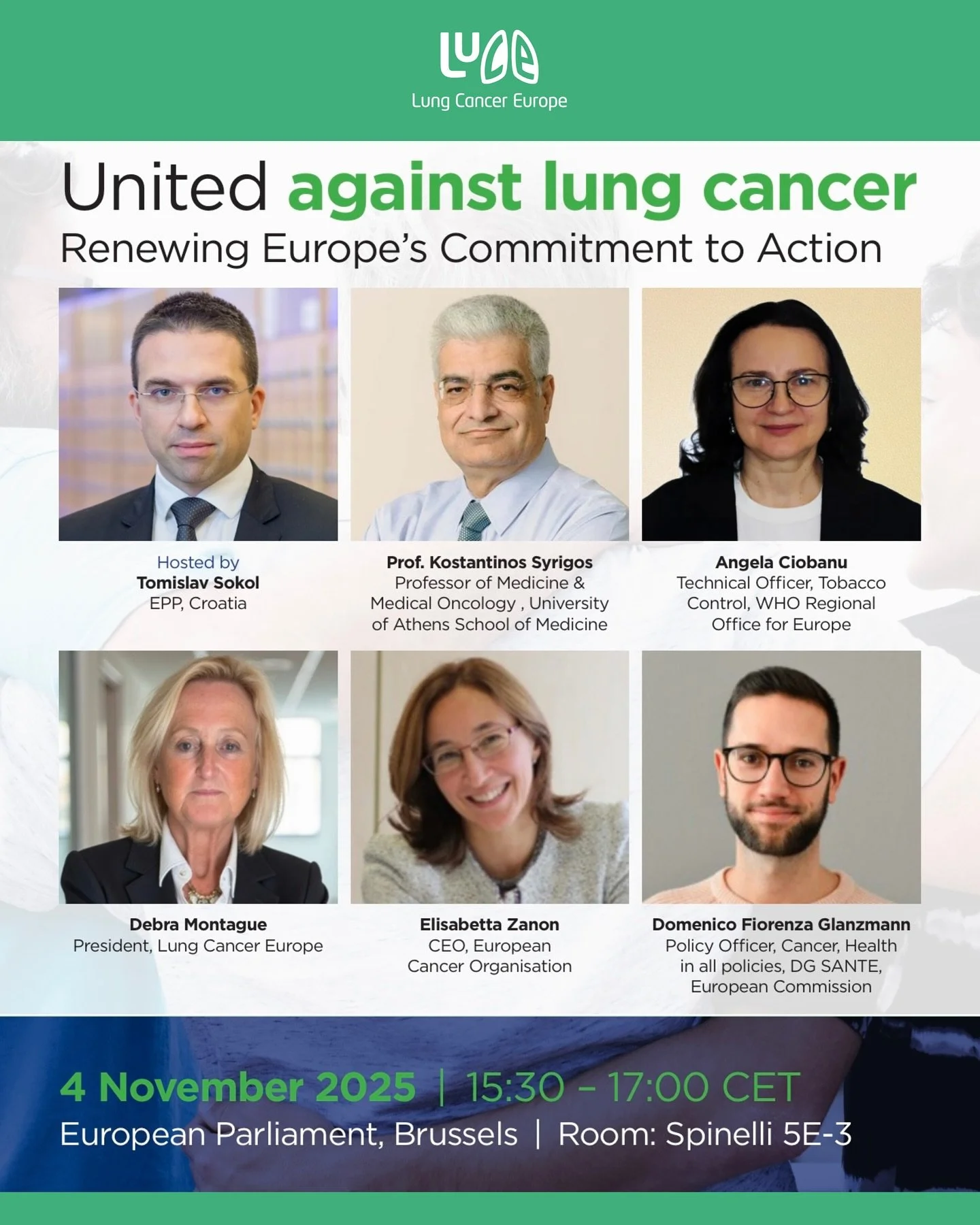 Europe must turn words into action on lung cancer.
On 4 November, Lung Cancer Europe and MEP Tomislav Sokol will bring policymakers, experts and advocates together at the European Parliament to relaunch the Call to Action on Lung Cancer.
Following