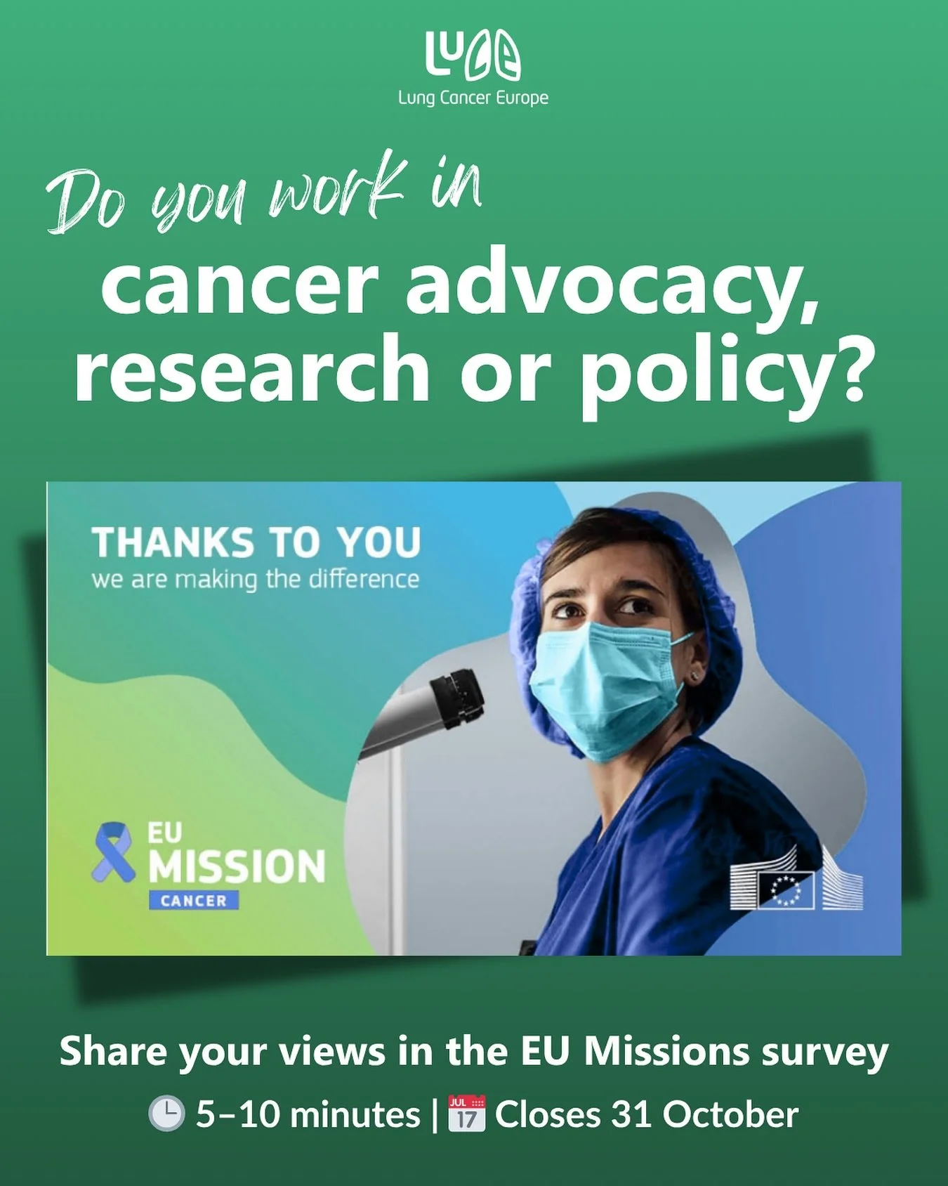 Do you work in cancer advocacy, research or policy?
The European Commission is collecting feedback from organisations and professionals involved in the EU Missions - including the Cancer Mission.
🕒 It only takes 5–10 minutes
📅 Closes 31 Oct