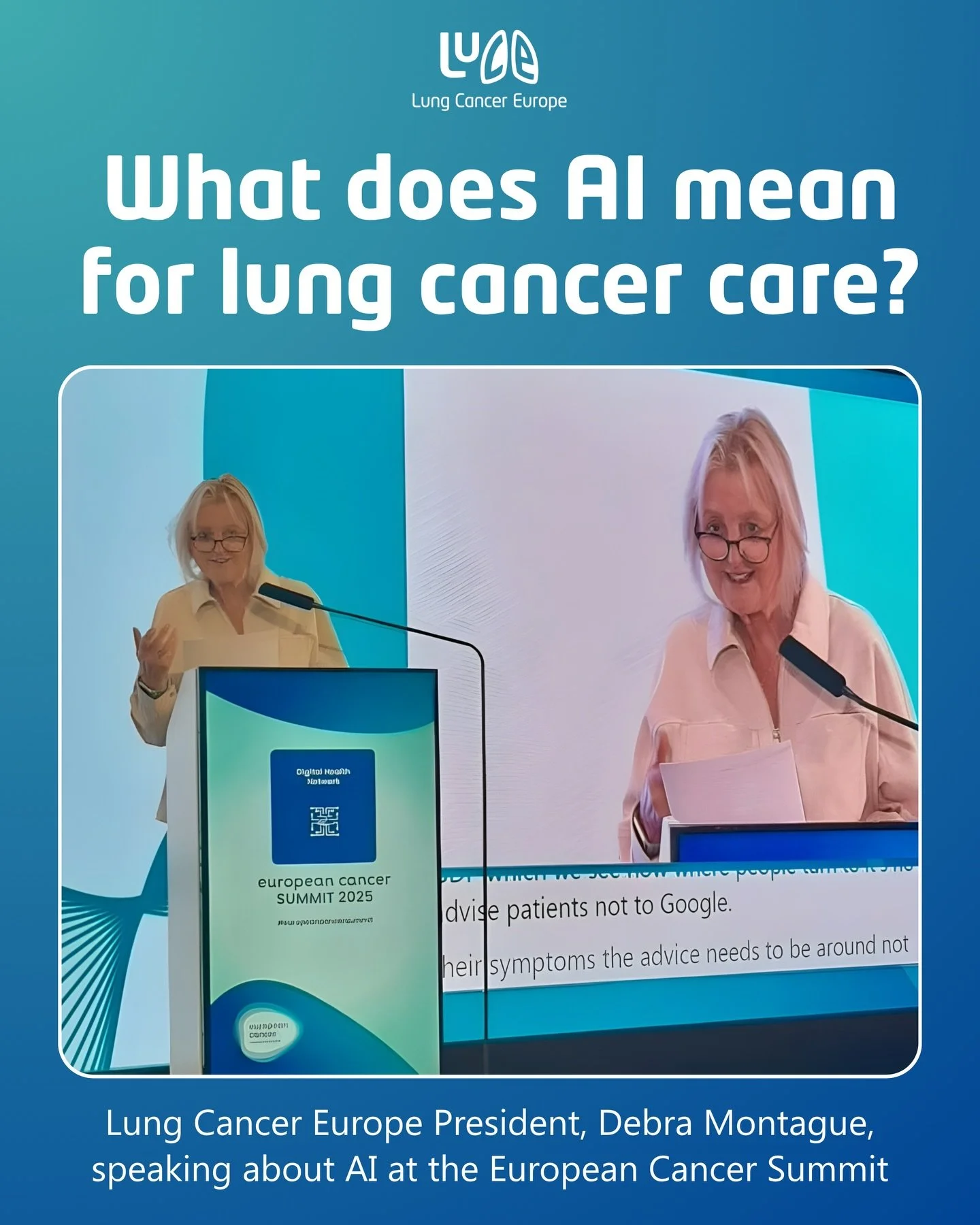 What does AI mean for lung cancer care?

Our President, Debra Montague, spoke at the European Cancer Summit about how AI is starting to change cancer care and what this means for people living with or affected by lung cancer.

A new paper about AI in