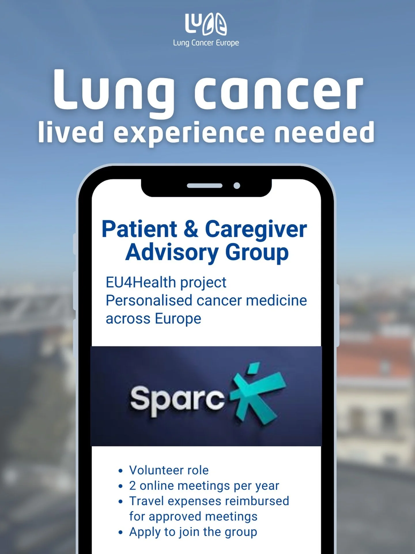 Living with lung cancer, caring for someone, or representing the community?

A new European project is looking for people affected by lung cancer to join a Patient &amp; Caregiver Advisory Group.

The SPARC project (funded under EU4Health) is working