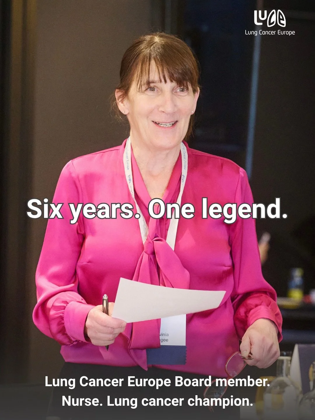 Last night we closed our first-ever Lung Cancer Europe conference with dinner and a proper send-off for Lavinia Magee, who steps down from our Board this week after six years.

Warm, funny, and one of the most empathetic people you&rsquo;ll ever meet