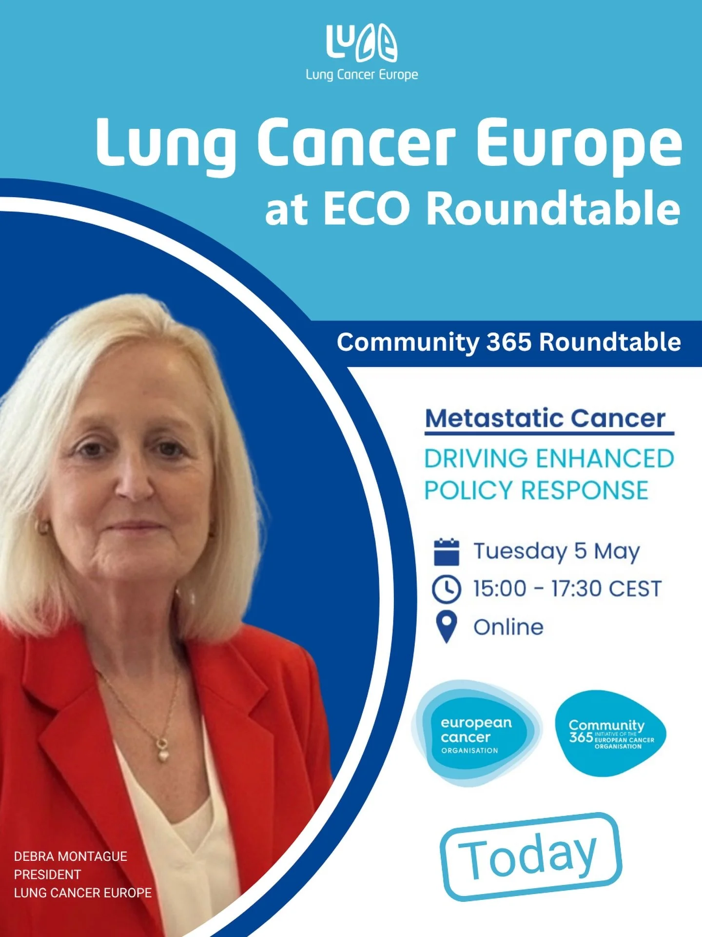 Today, Lung Cancer Europe President Debra Montague speaks at the @europeancancerorg Community 365 Roundtable on Metastatic Cancer, joining co-chairs Fatima Cardoso and Kathy Oliver alongside Billy Kelleher MEP and experts from across Europe and beyon