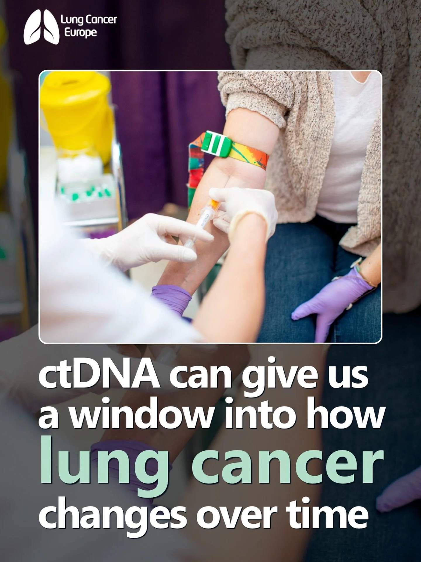ctDNA can give us a window into how lung cancer changes over time.

Cancer cells can release small pieces of DNA into the blood. This is called circulating tumour DNA, or ctDNA. A liquid biopsy can collect and analyse this DNA from a blood sample.

F