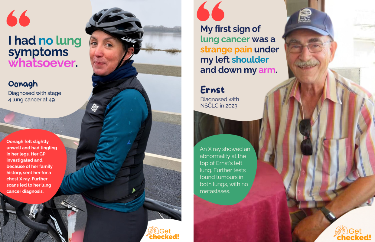 Campaign posts from Oonagh, who had no lung symptoms, and Ernst, whose first sign of lung cancer was pain under his shoulder