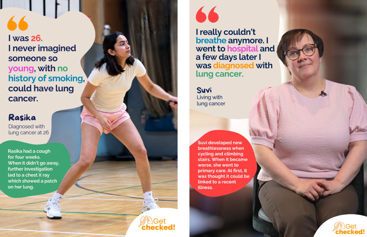 Campaign posts from Rasika, diagnosed with lung cancer at 26, and Suvi, who could no longer breathe before her lung cancer diagnosis