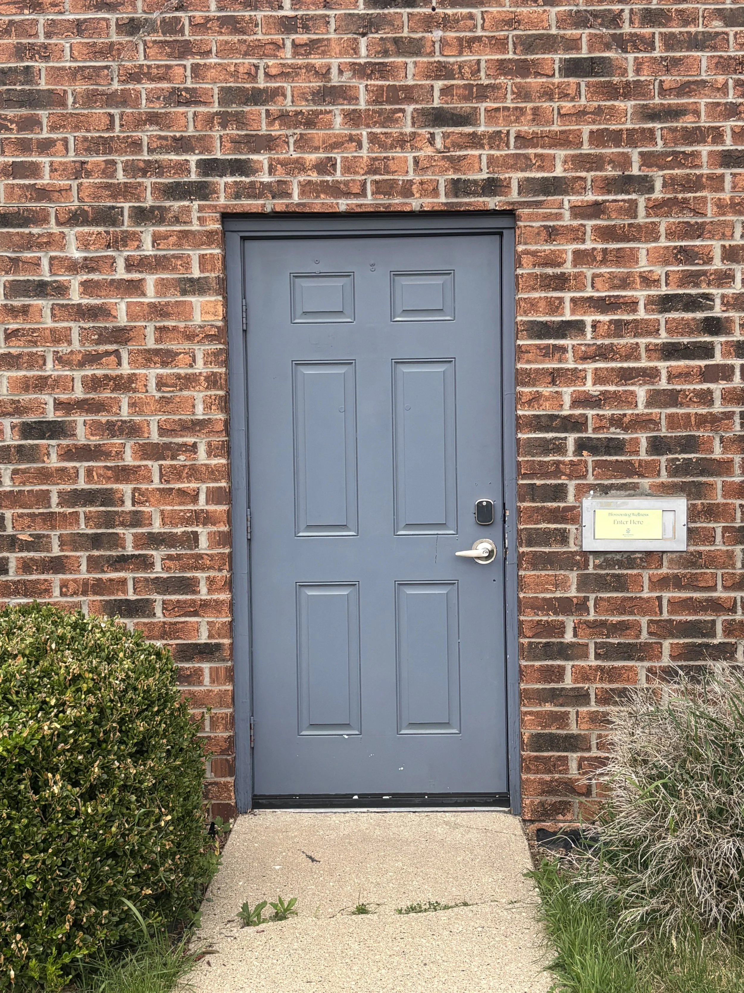 A blue door entrance to an EMDR therapy office set into a brick wall with a mail slot and a keypad lock, surrounded by bushes and plants, with a concrete sidewalk in front.