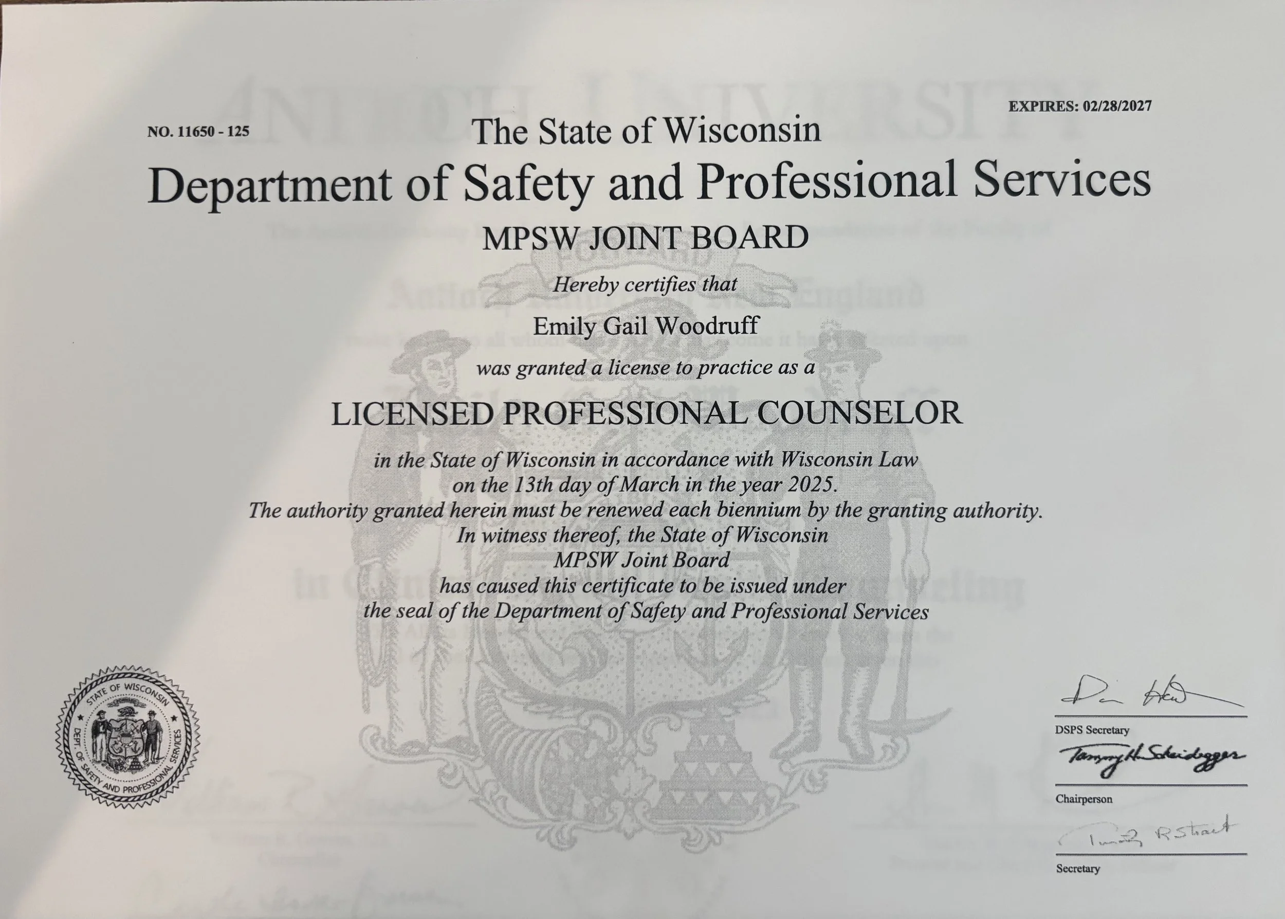 Certificate from the State of Wisconsin Department of Safety and Professional Services rewarding Emily Gail Woodruff a license as a licensed professional counselor, dated February 28, 2027.