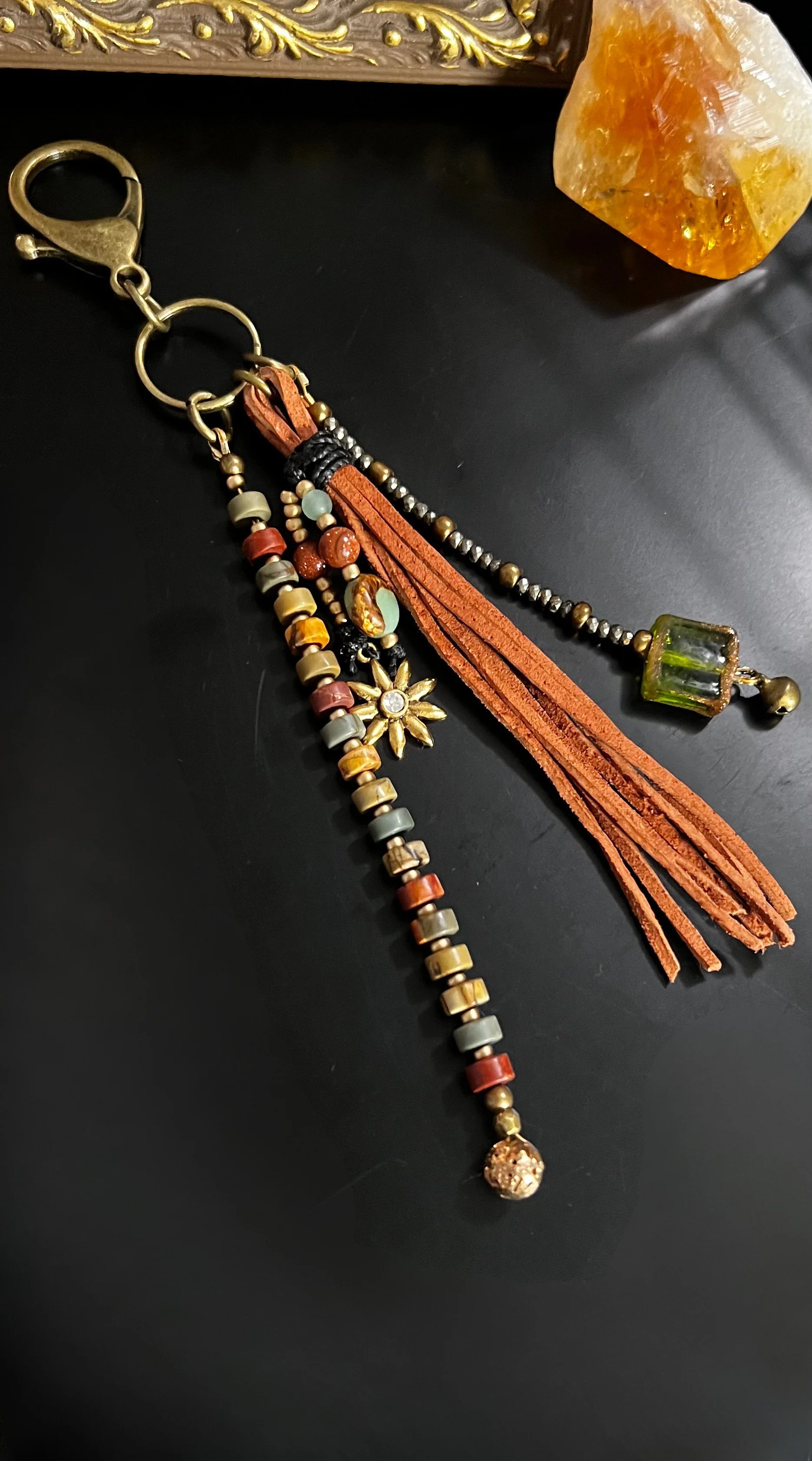 autumn toned 7 inch bag charm with picasso jasper and pyrite