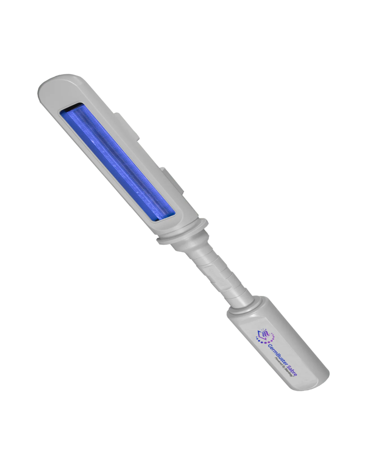 A handheld Far-UVC sterilization device with a blue UV light strip and a white handle marked with the logo "GermBuster Sabre".