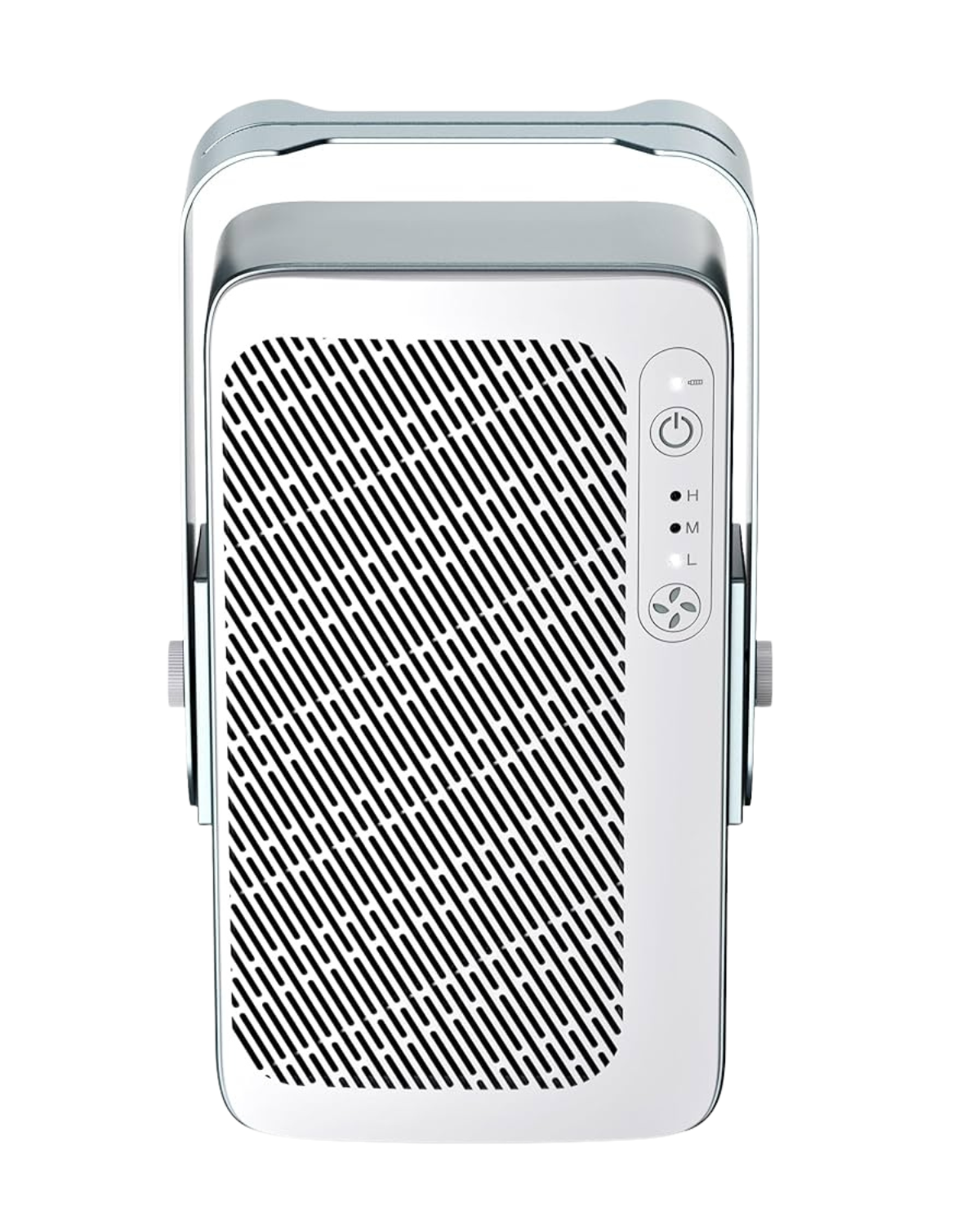 Silver and white portable air purifier with laminar airflow for travel and other uses.