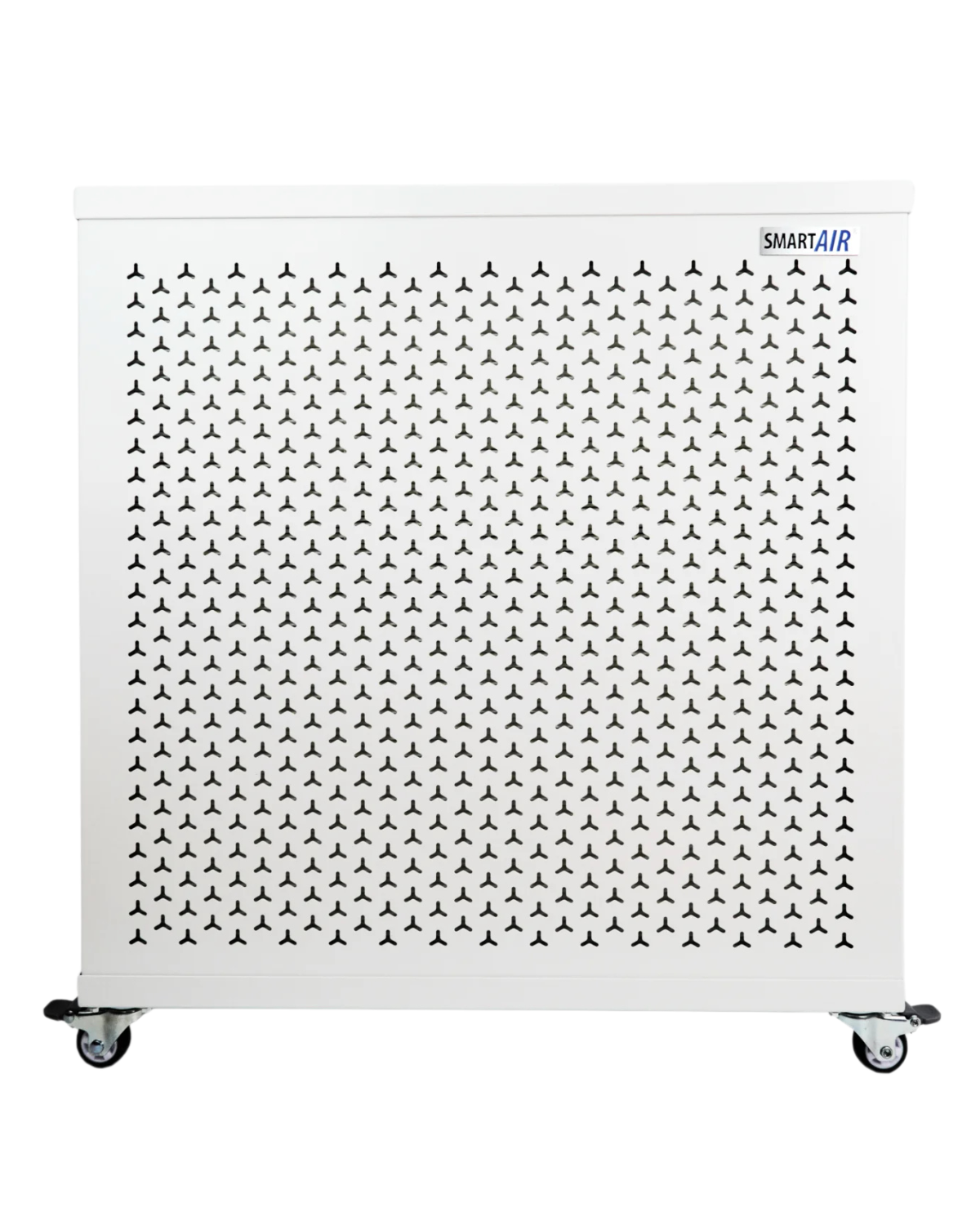 White air purifier with small black fan icons and 'SMART AIR' logo on the top right corner, equipped with caster wheels.