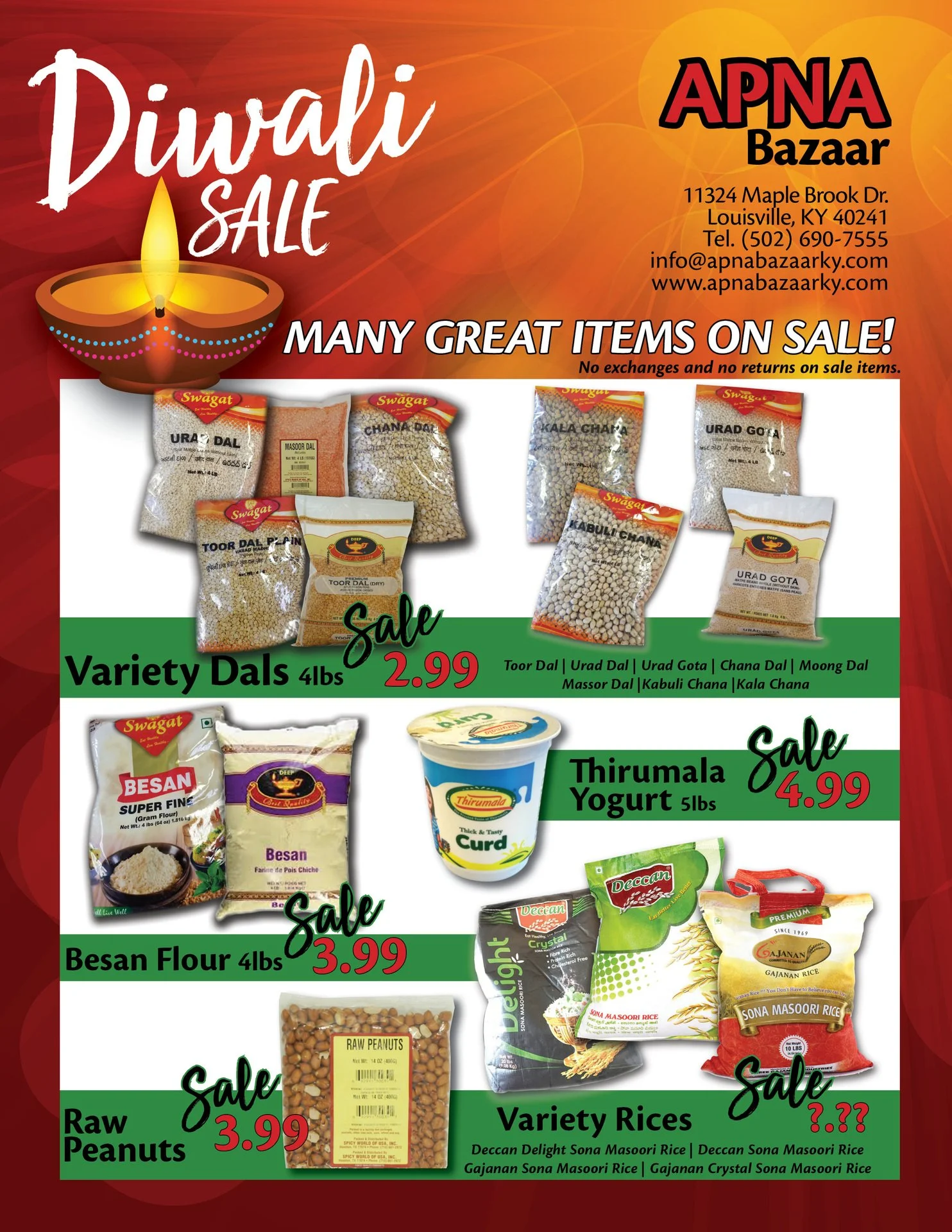 Advertisement flyer for Diwali sale at APNA Bazaar featuring various Indian food items. Items include spices, flours, yogurt, peanuts, and rice, with prices and sale labels.