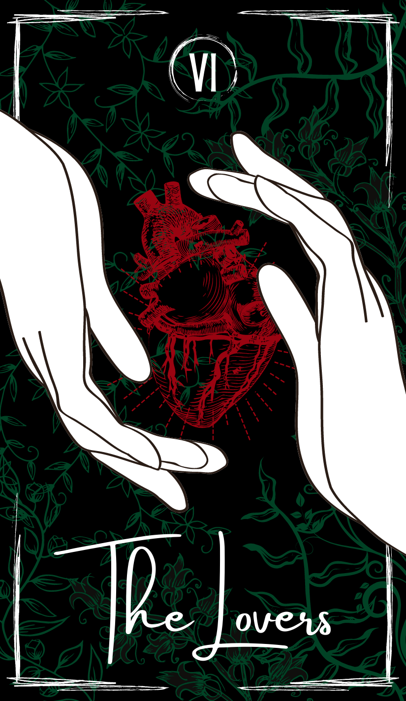 A graphic featuring two white hands holding a red anatomically detailed human heart with green vine and leaf patterns in the background, the text "VI" inside a circle at the top center, and "The Lovers" at the bottom.
