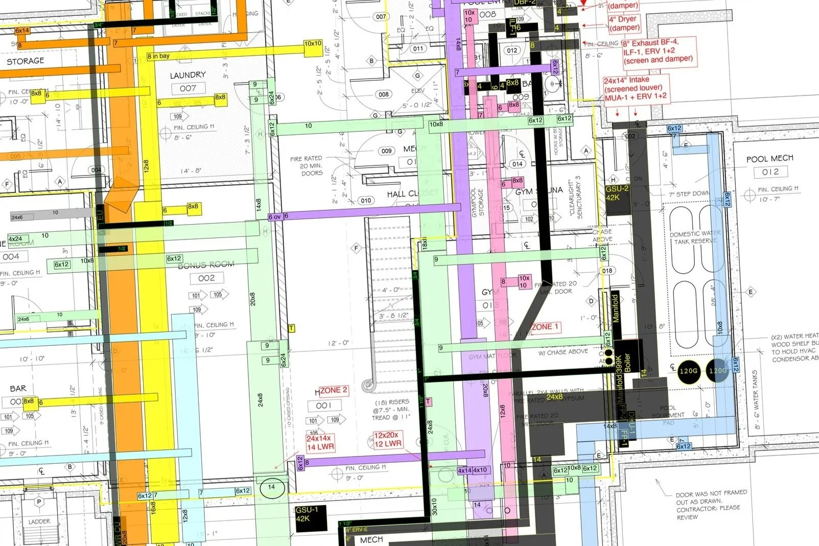 A detailed architectural blueprint of a building's floor plan showing various rooms, including storage, laundry, bonus room, gym, pool mechanical room, and bar. The plan includes numerous colored lines, labels, and measurements indicating different systems and components.
