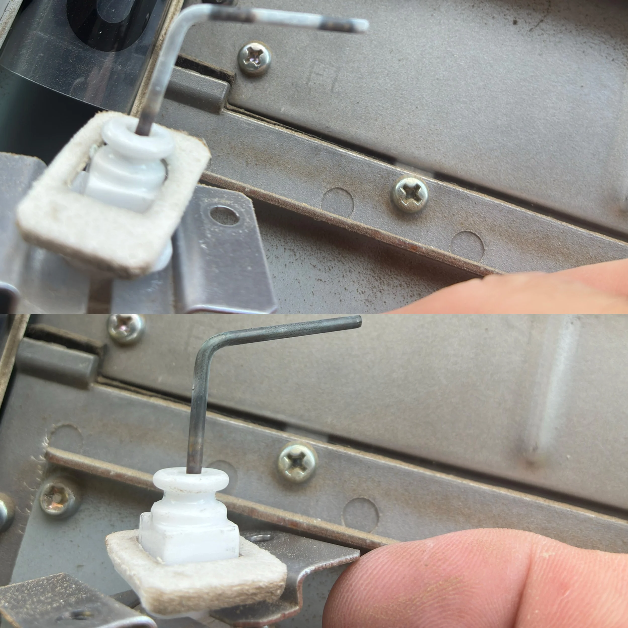 Tankless water heater flame rod before and after maintenance - dirty and corroded before, cleaned and reseated after