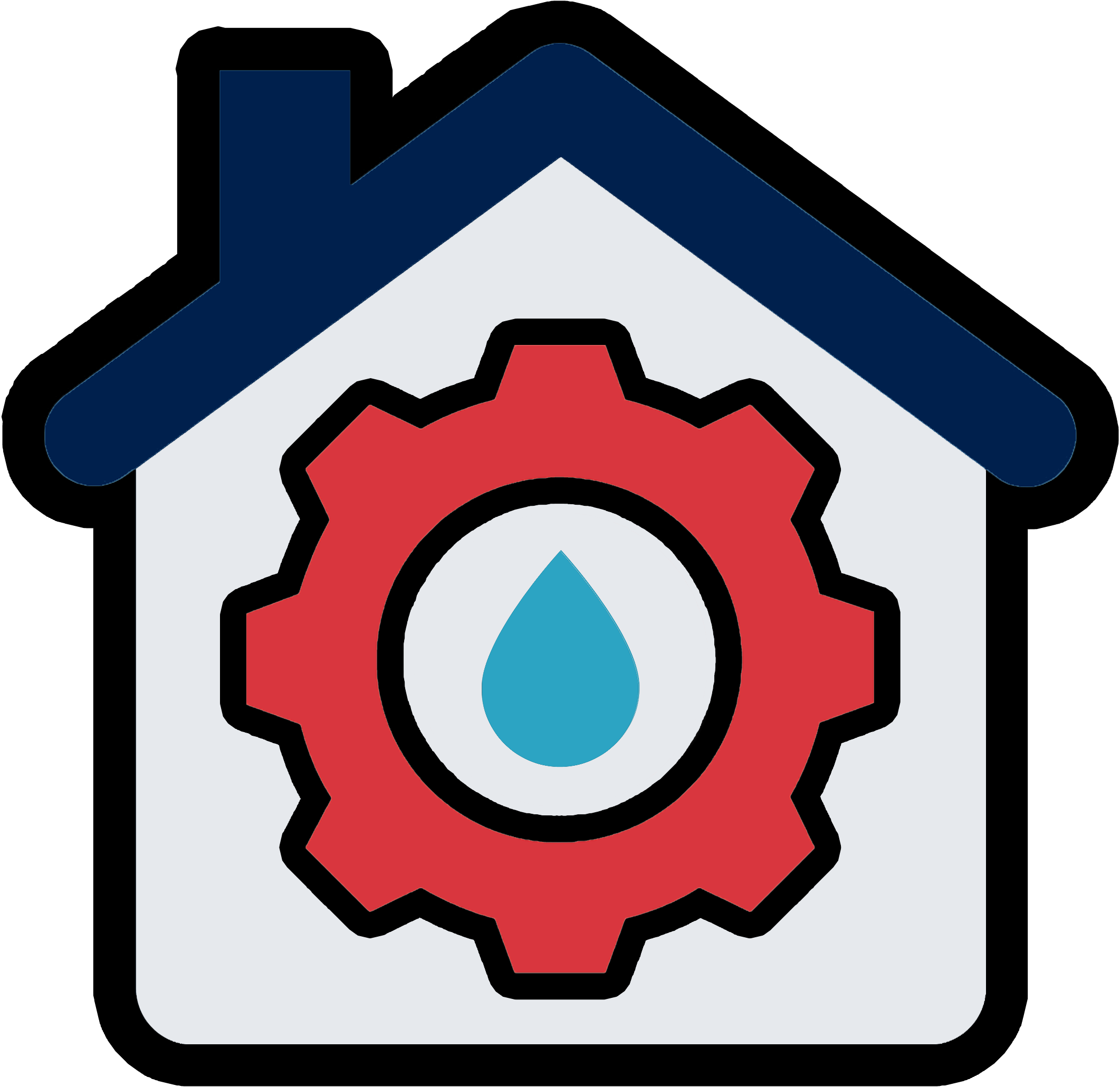 inspections & plumbing icon of a house with a gear in the center wrapped around a water drop