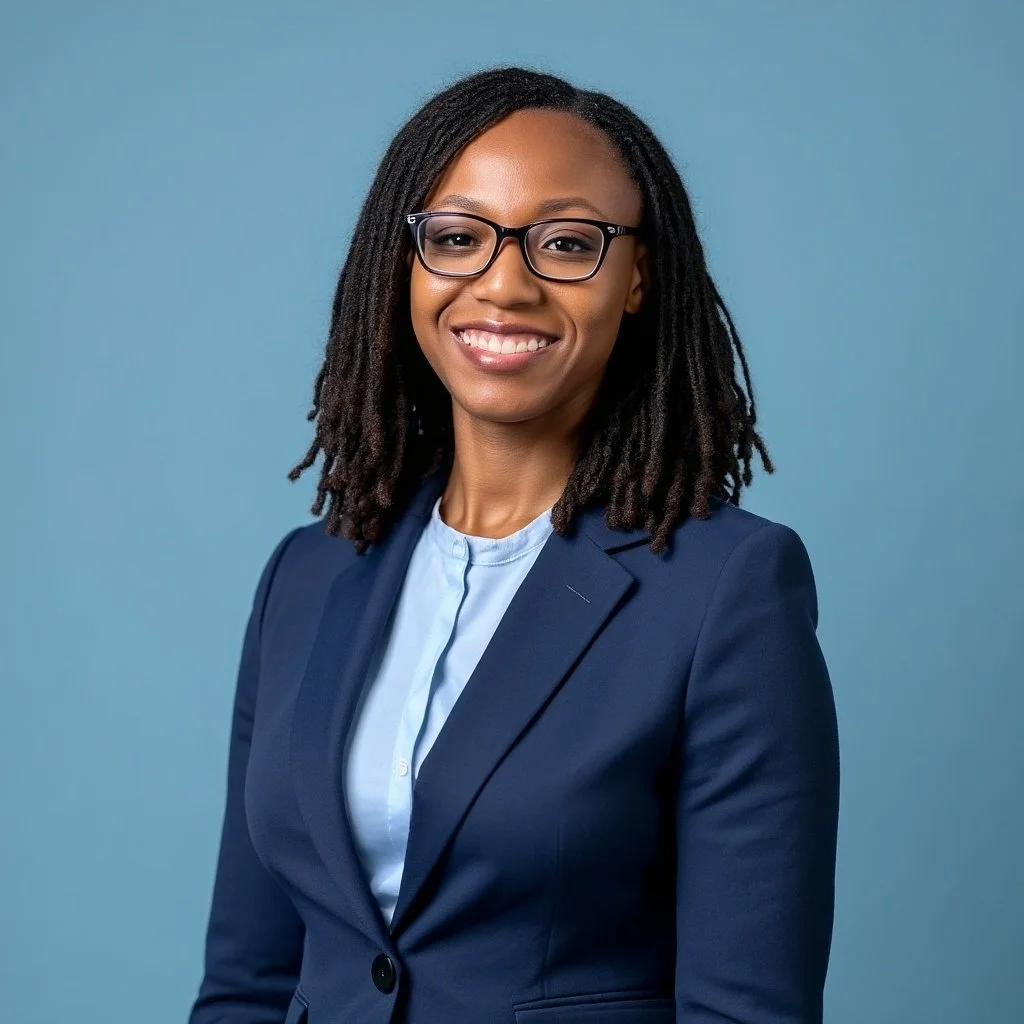 A professional woman with glasses, dressed in a navy blazer and light blue shirt, smiling at the camera against a solid blue background.
