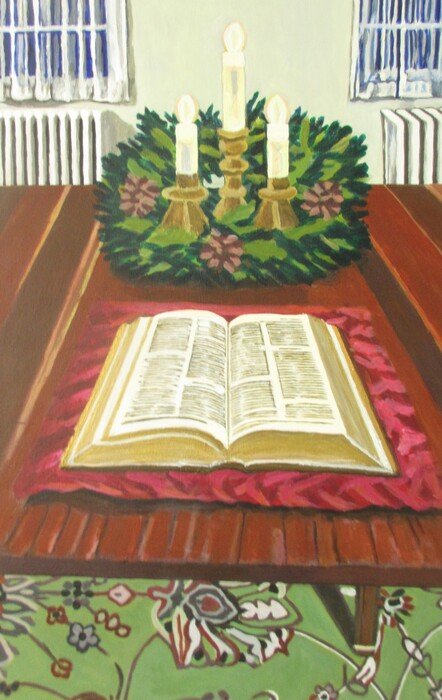 "Three Candles in a Christmas Wreath and a Bible" by Paul Zaptka