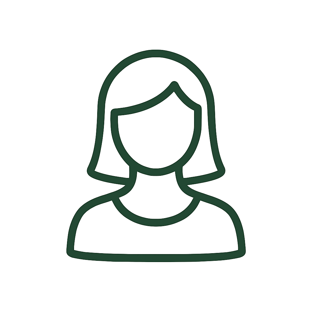 Minimalist line drawing of a woman with shoulder-length hair, no facial features, on a white background.