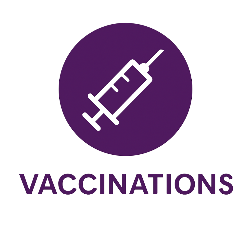 Icon of a white syringe inside a purple circle with the word "VACCINATIONS" written below in purple letters.
