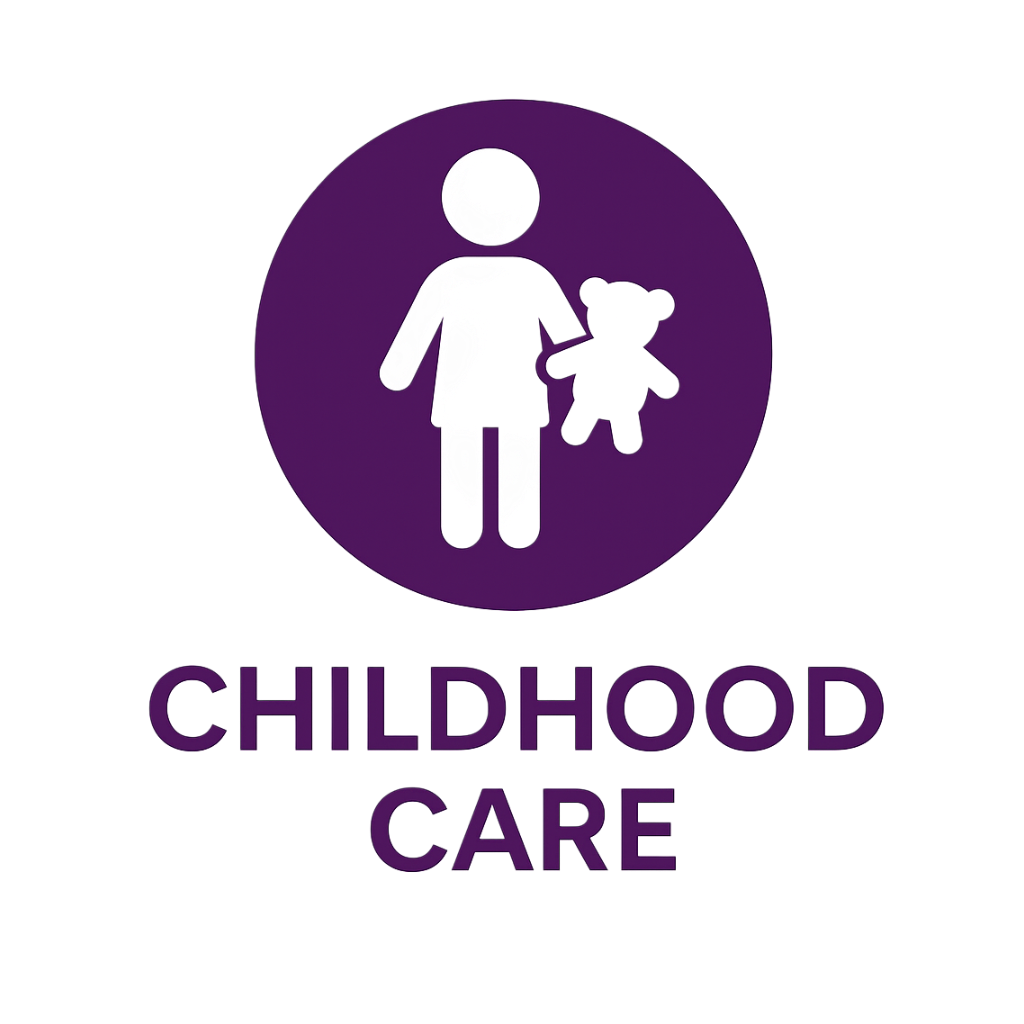 Logo of childhood care featuring a white teddy bear inside a purple circle with the words "Childhood Care" below.
