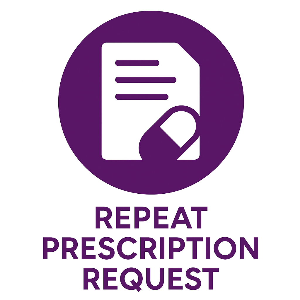 A purple circle with a white document and a pill icon, and the text "REPEAT PRESCRIPTION REQUEST" below.