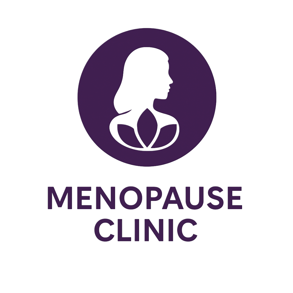 Logo for Menopause Clinic featuring a purple and white flower icon above the text 'MENOPAUSE CLINIC'.