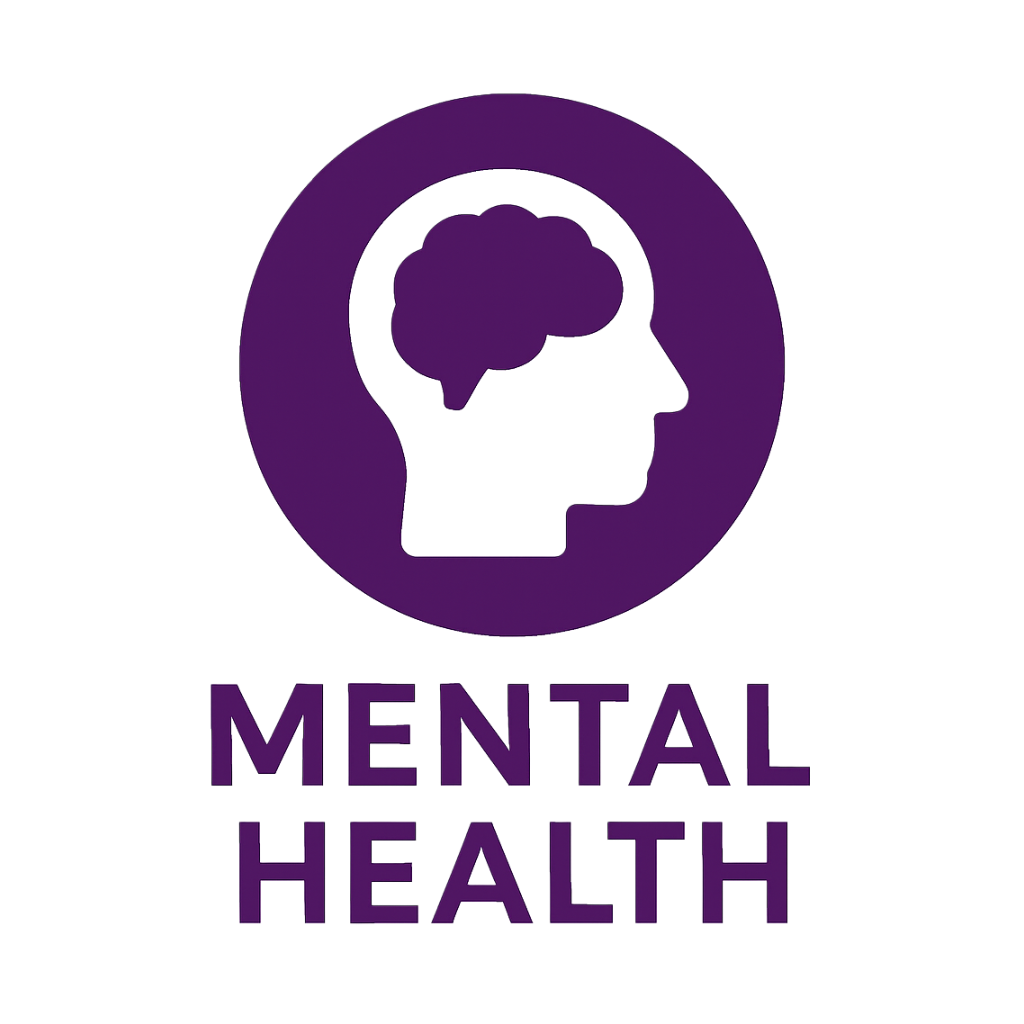 A purple circular icon with a stylized brain graphic inside and the words "MENTAL HEALTH" below in purple text.