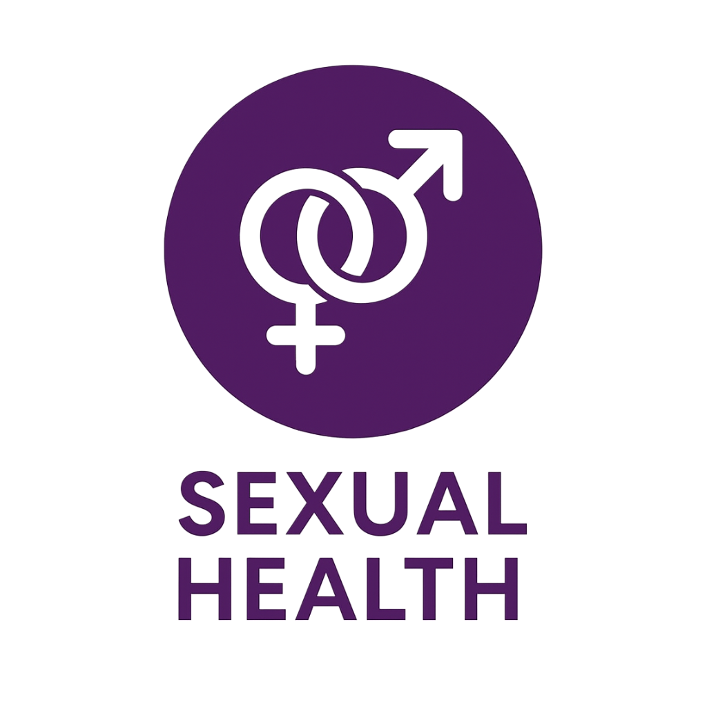 Purple circle with a white heart and gender symbols inside, and the words "Sexual Health" below.
