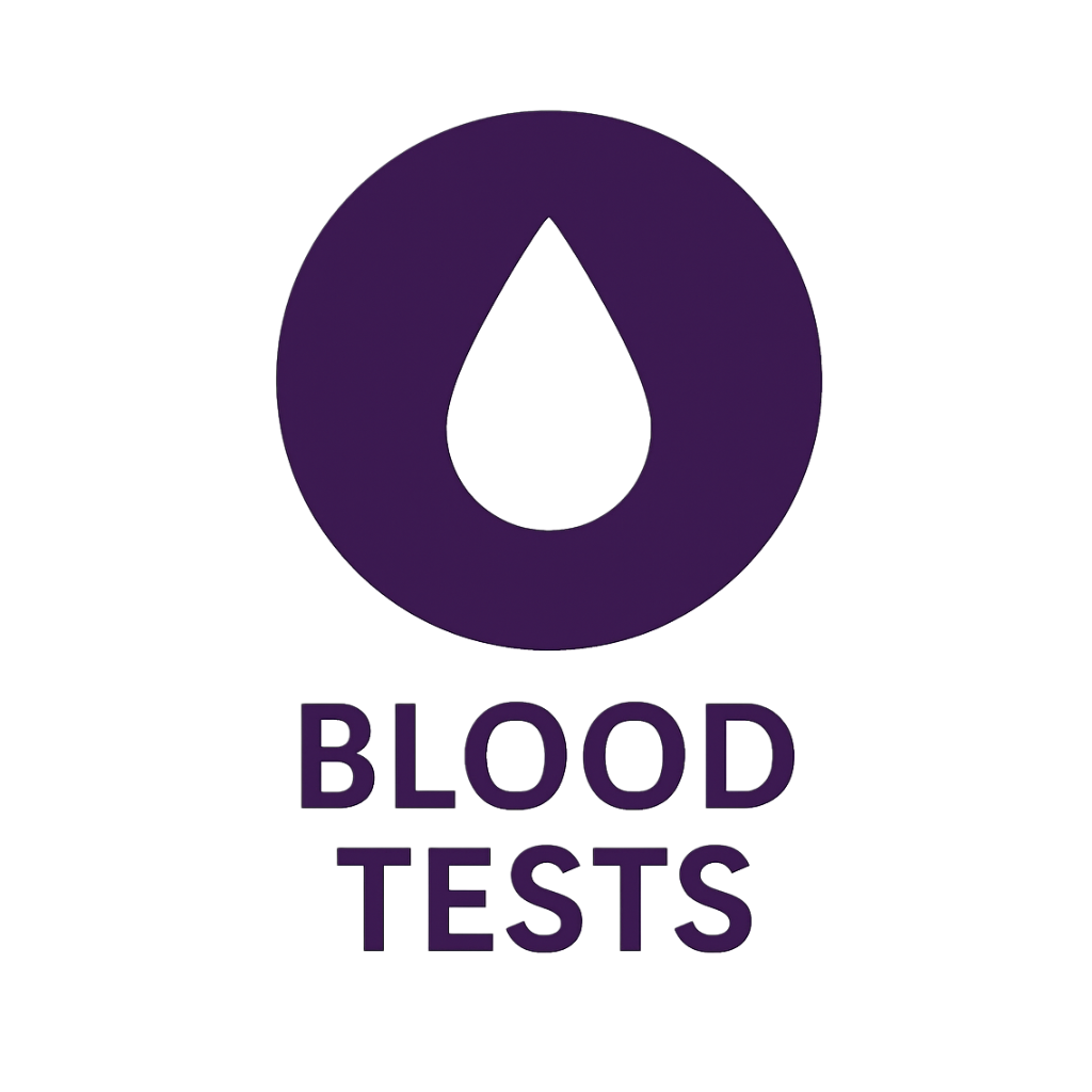 Purple icon of a blood drop with a crescent shape inside, and the text 'Blood Tests' below it.