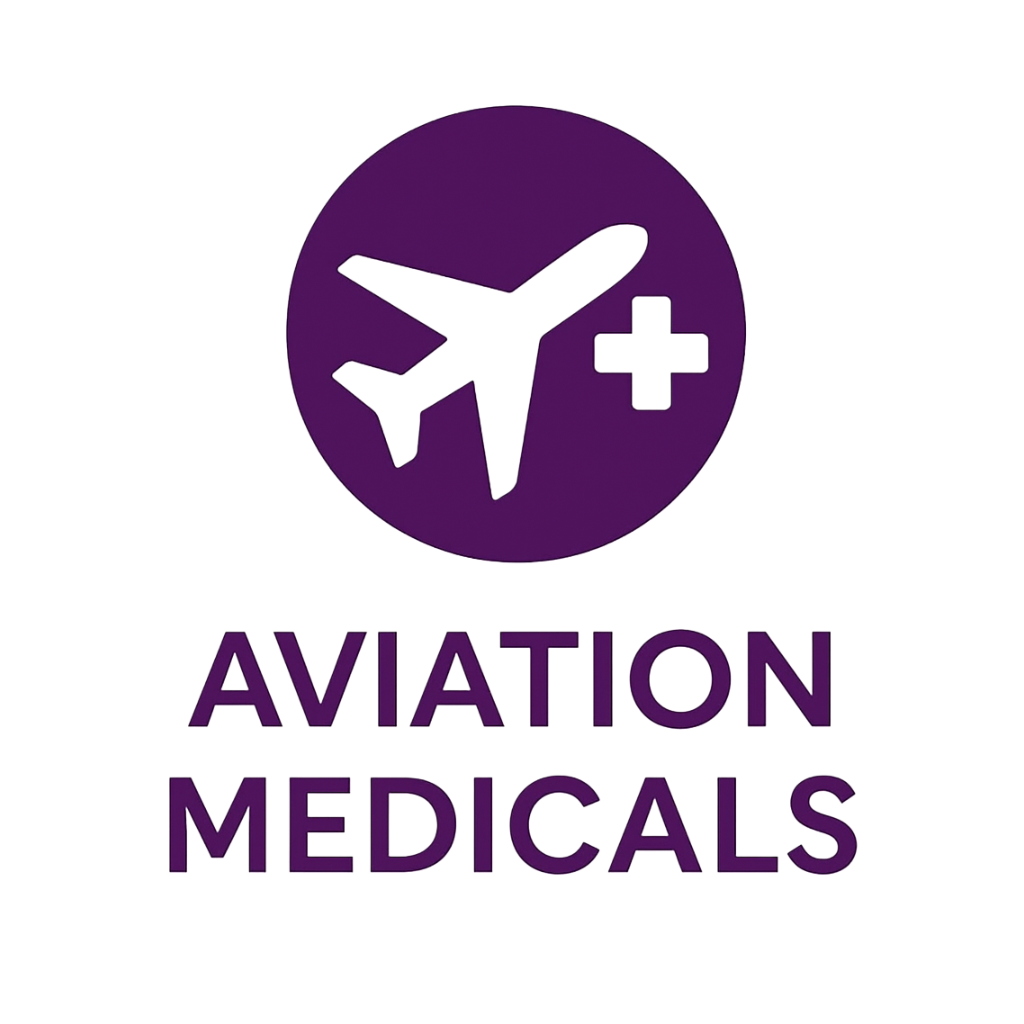 Logo for Aviation Medicals with a white airplane silhouette inside a purple circle and the words 'AVIATION MEDICALS' below.