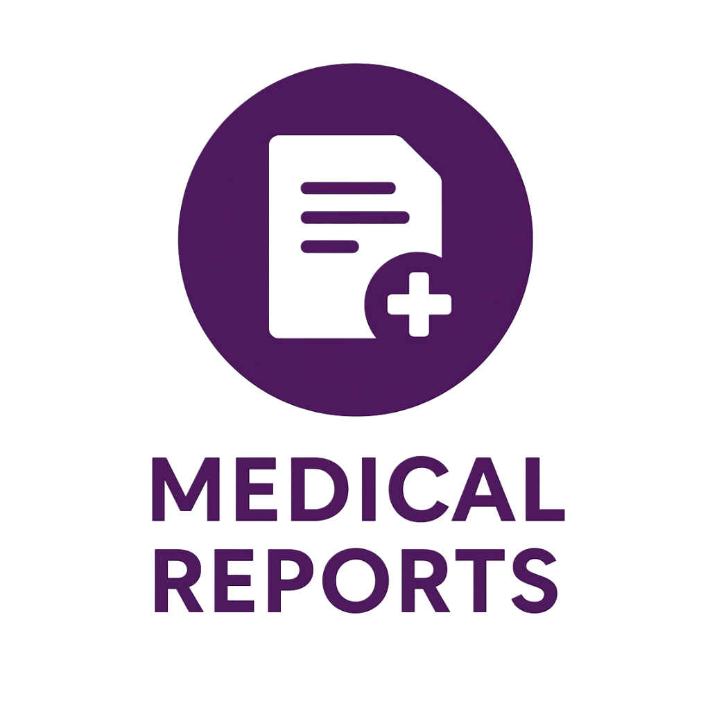 Purple icon featuring a medical report with a cross and a pen, with the text 'Medical Reports' underneath.