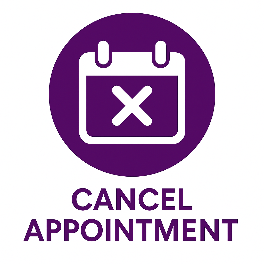 A purple circular icon with a white calendar and an 'X' symbol in the center. Below the icon, there is text that says 'CANCEL APPOINTMENT' in purple.