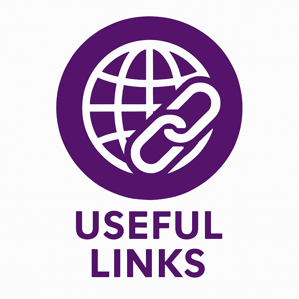 Purple icon of a globe with a chain link in front of it, with the words "Useful Links" below.