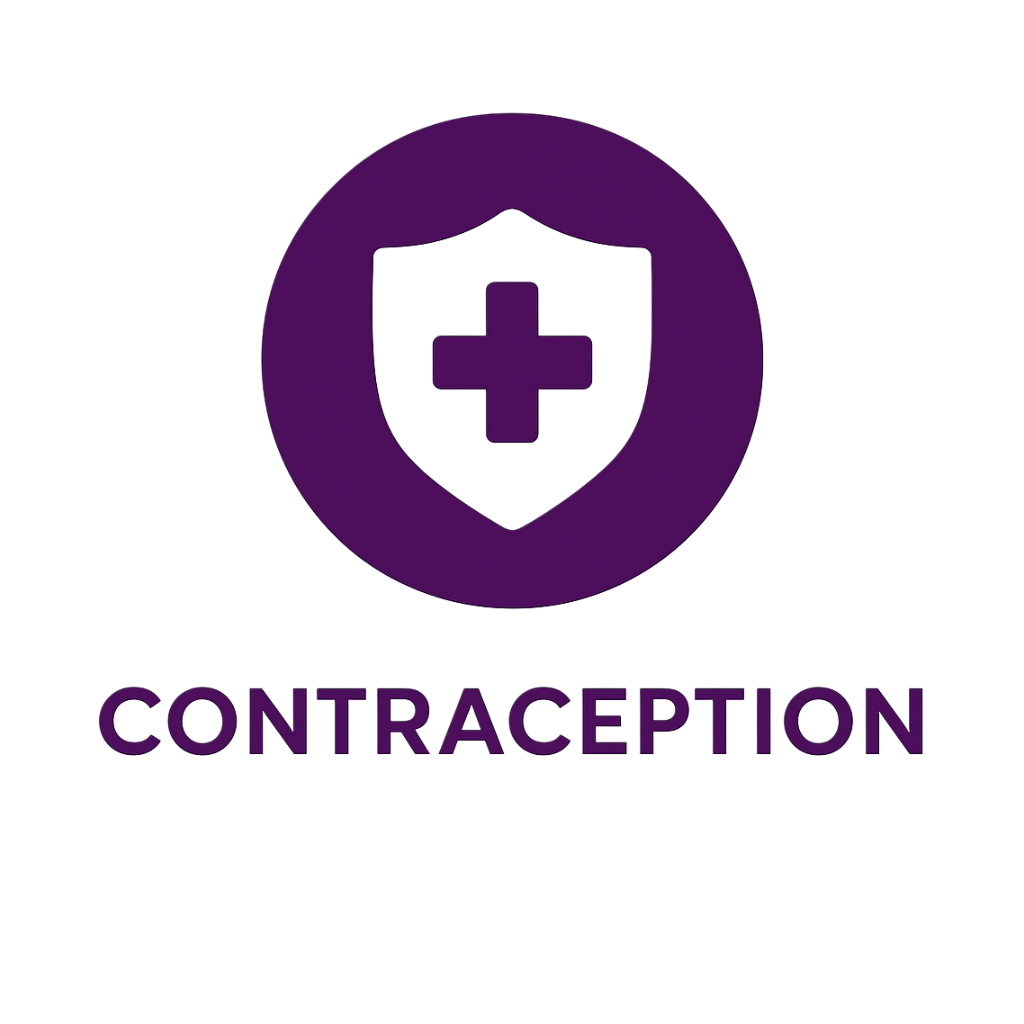 A purple circle with a shield and cross icon inside, with the word "CONTRACEPTION" written below in purple text.