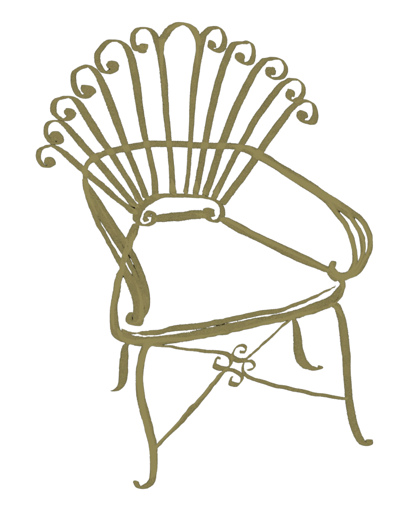 An ornate, vintage metal garden chair with intricate scrollwork and a curved backrest.