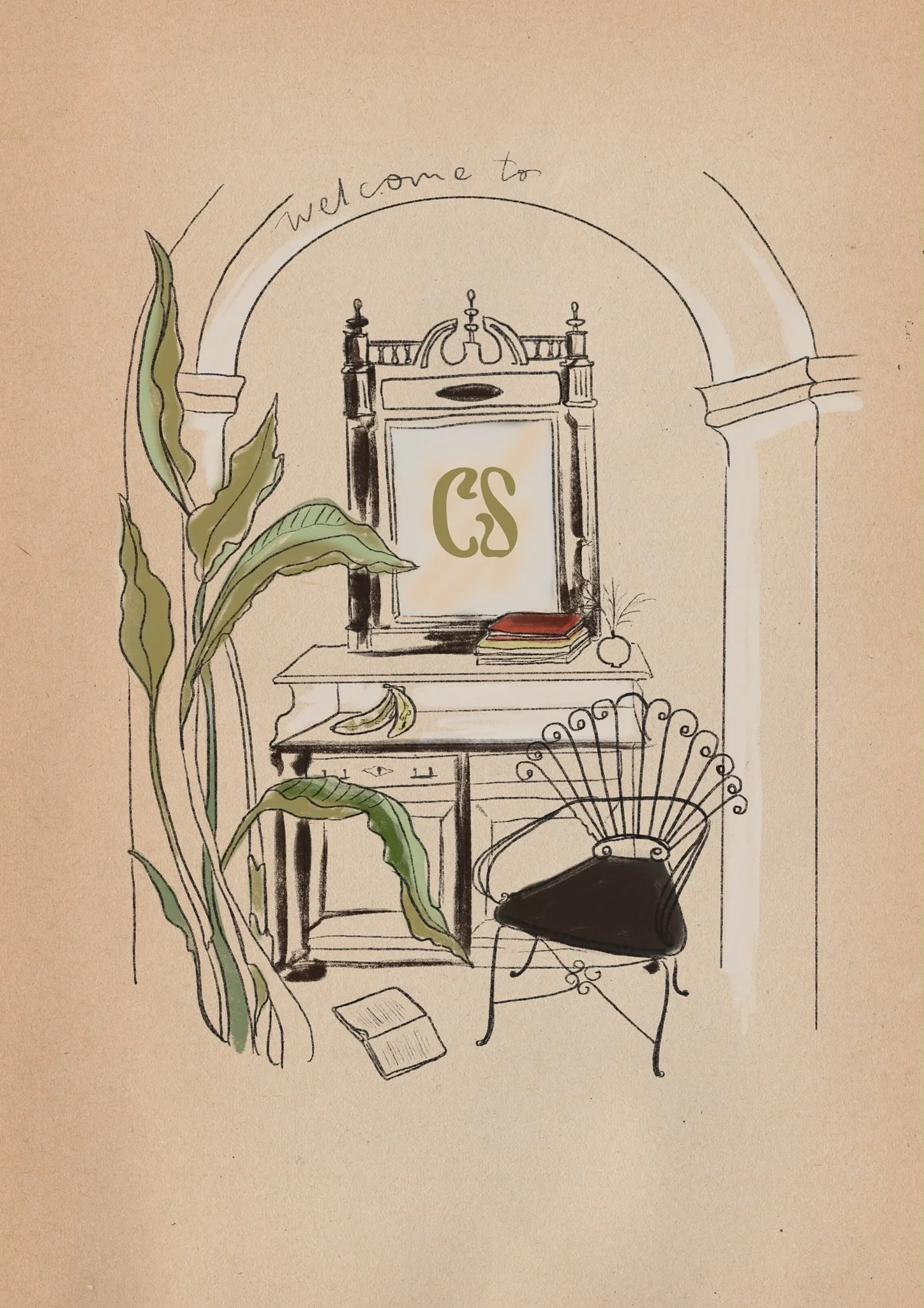 Welcome to Couto Studio | A sketch of a cozy interior scene with a fireplace, a table with books, a black chair, a tall plant, and a welcoming sign above the fireplace that says "Welcome to CS."