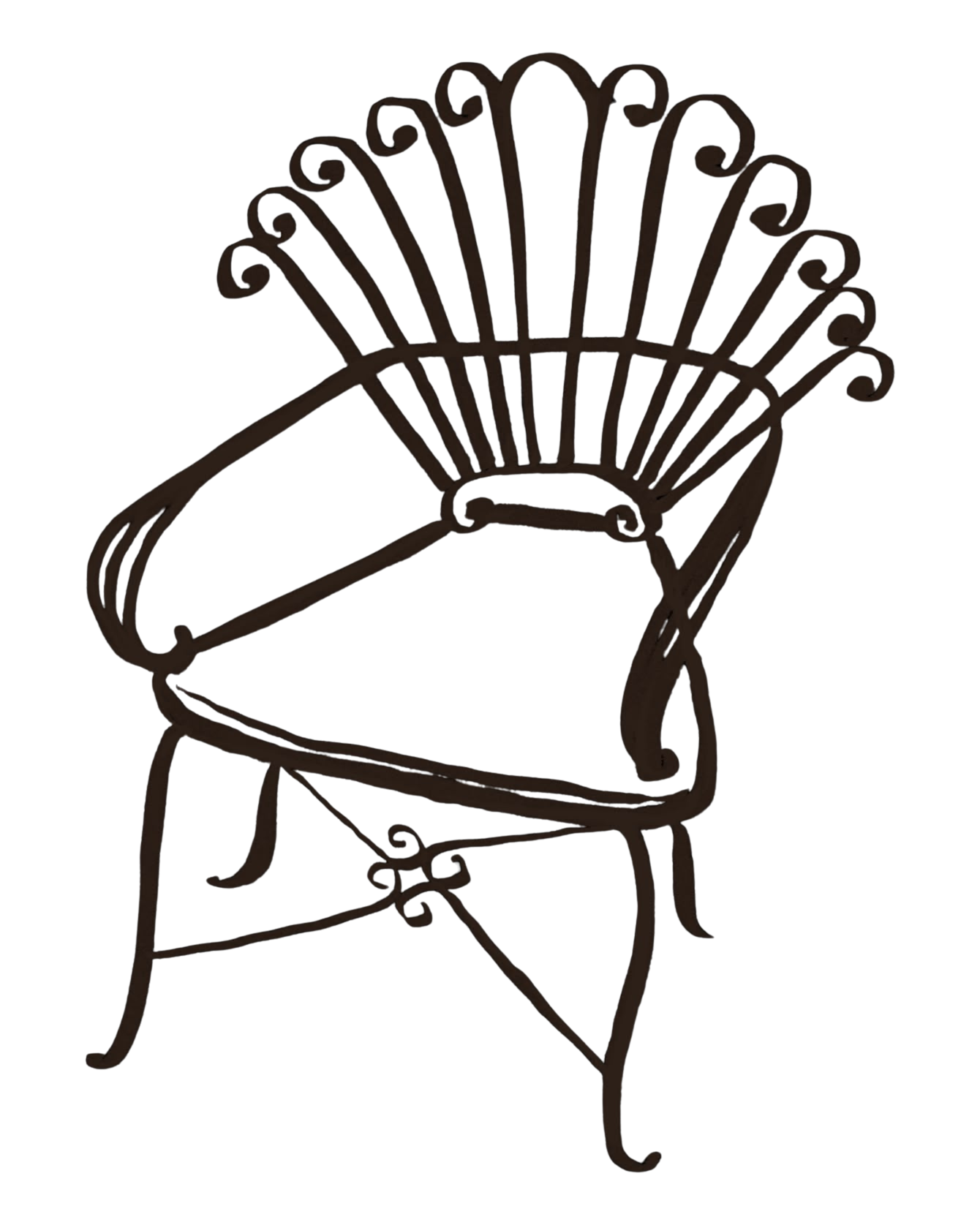 A metal chair with ornate armrests and a decorative backrest featuring a fan-like design and scrollwork.