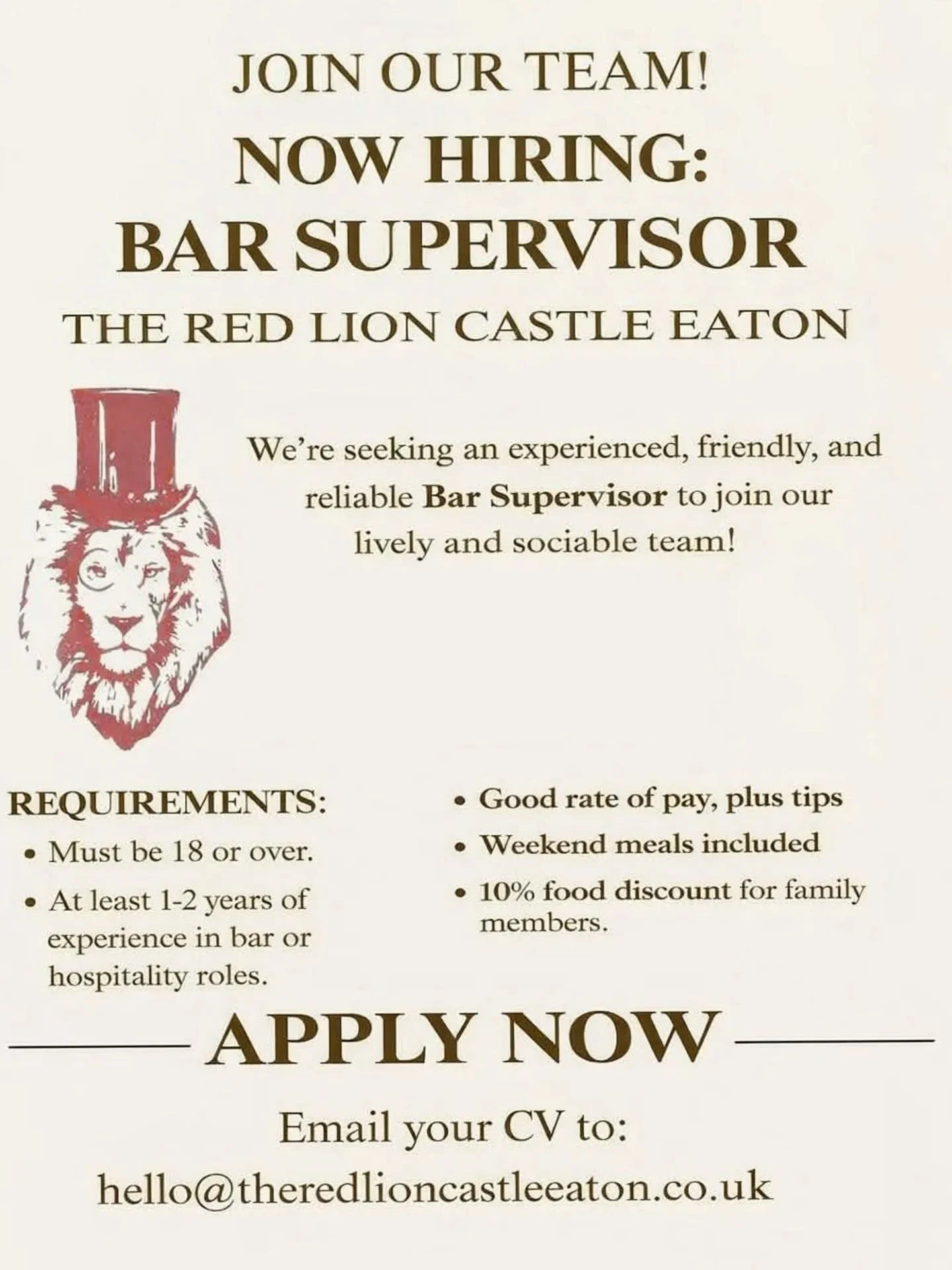 Step into a Bar Supervisor role where you&rsquo;ll take real responsibility, lead shifts, and be part of a fun, fast-paced team WITH beautiful views.🏞
 
We&rsquo;ll support your growth with great training opportunities&mdash;from coffee skills and c