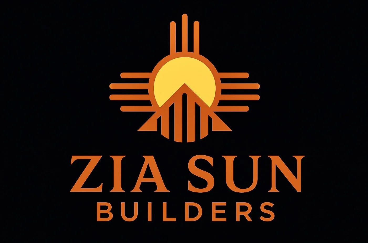 Logo of Zia Sun Builders featuring an orange and yellow sun with rays and an arrow pointing upward, with the company name below in orange text.