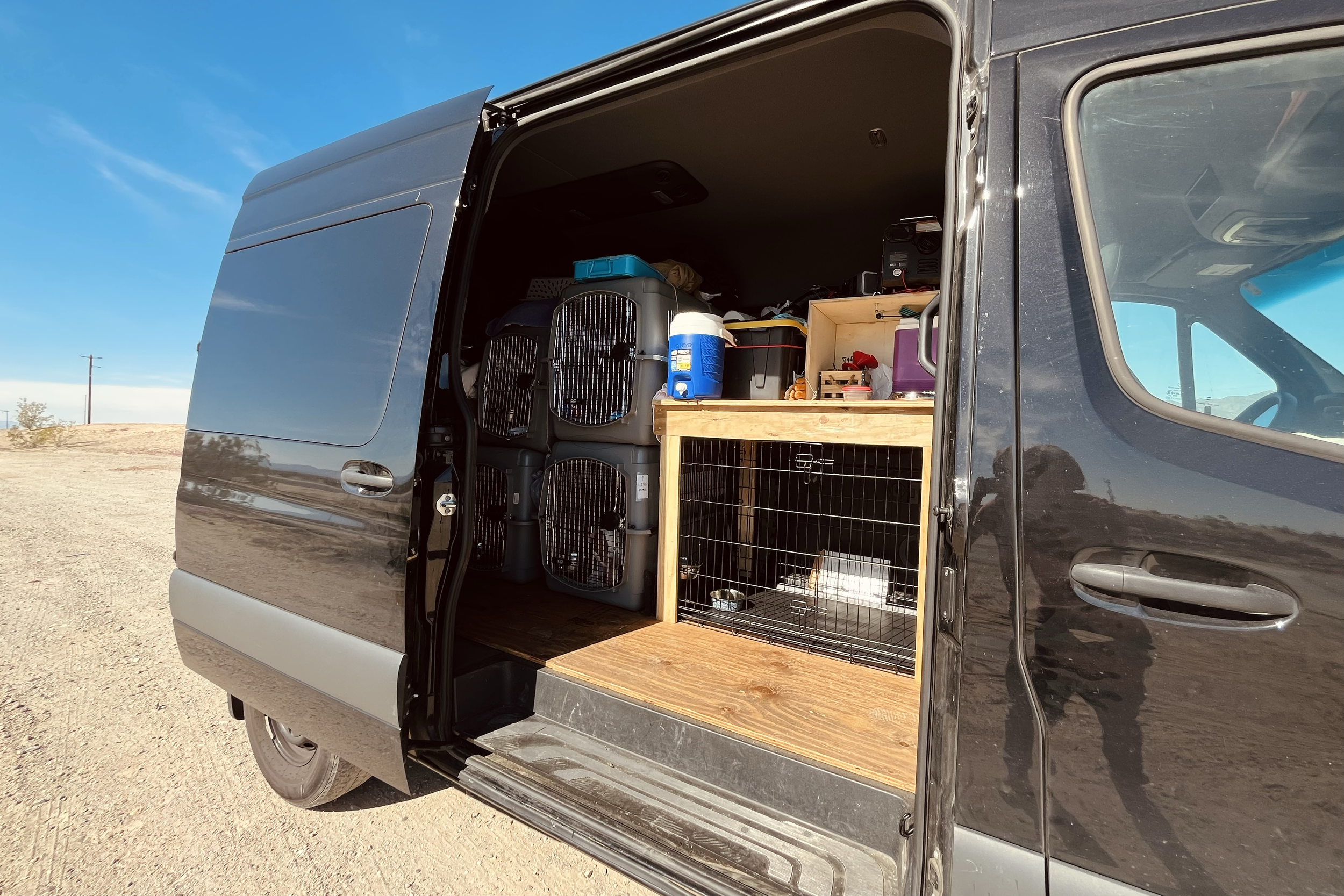 At 48" (from front to back) our two extra-large crates can handle your large-breed dogs. All other crates are series 400 (with second level inside for cats) and series 500 (easily fits mid-large breeds).