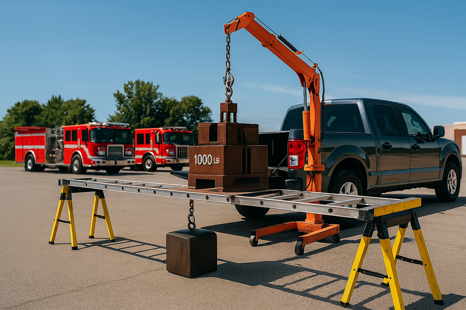 Fire truck parked behind a work table with a black pickup truck in front, a crane lifting a 1000 lb weight, surrounded by yellow sawhorses on a clear day.