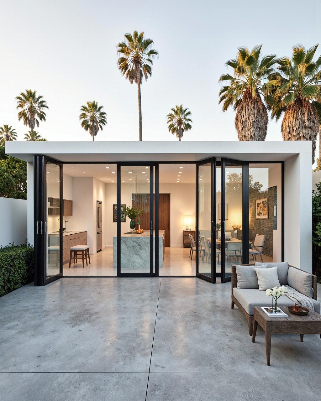 white detached adu in la with the palms in the background