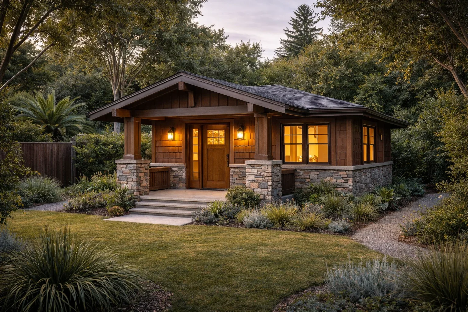 craftmans style detached adu rendering with gray stone and red wood shingles